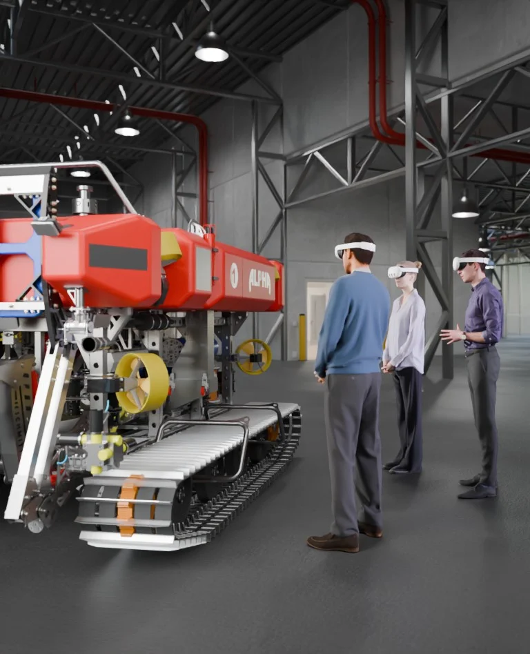 Three people wearing VR headsets inspect a full-scale 3D model of a large tracked subsea ROV in a virtual warehouse using JoinXR.