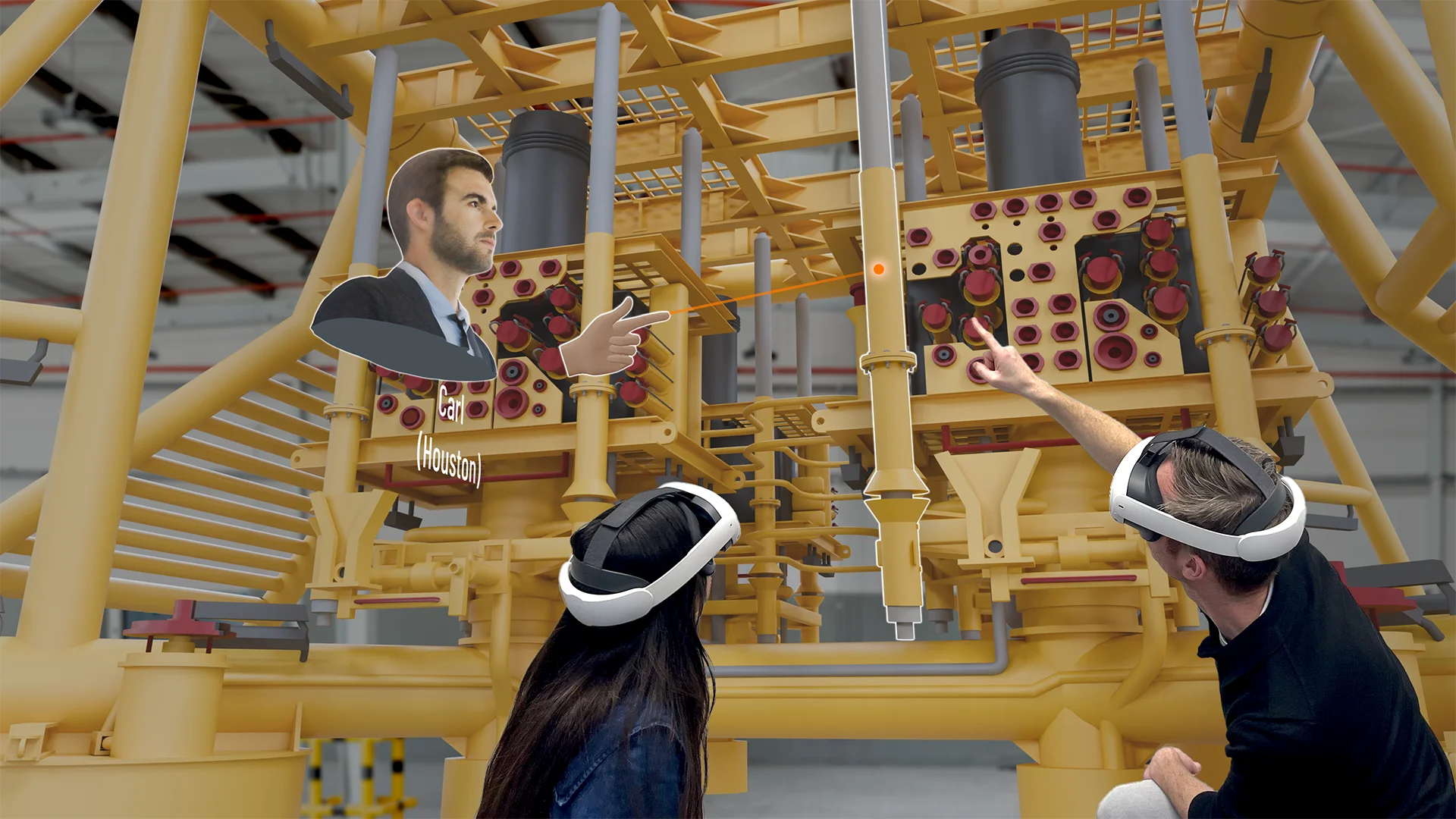 Two people and a remote avatar explore the design files for a large piece of of industrial equipment in an XR meeting.