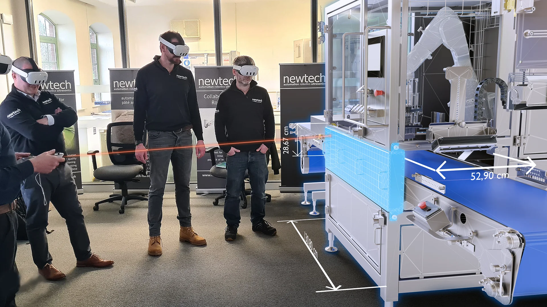 A sales team and a client wearing VR headsets use JoinXR to explore the features of a large complex piece of machinery.